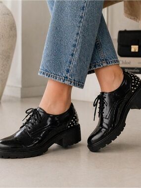 Zara Black Studded Platform Loafers Size 41-Chunky Grunge Oxford Style